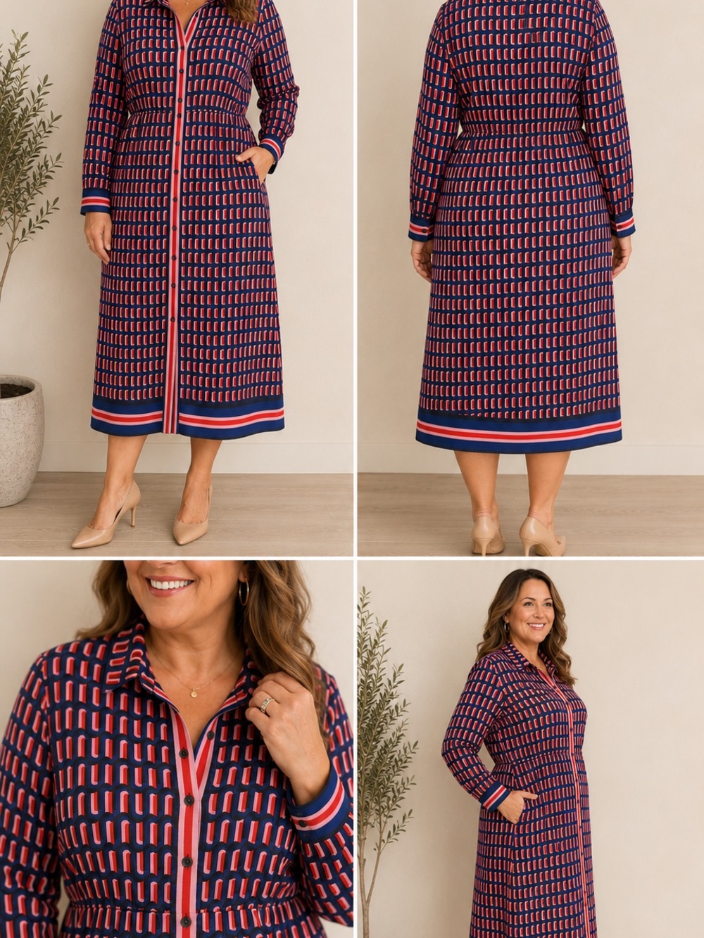 Boden Blue & Red Button-Front Midi Dress